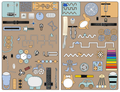 Wall-mounted sensory activity board for adults with autism in a professional therapy room