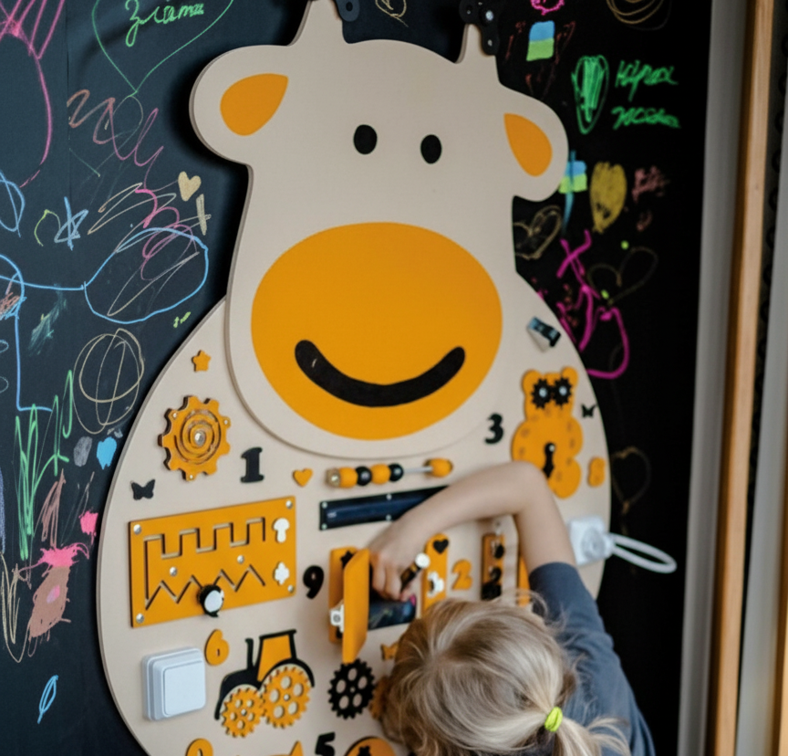 Commercial sensory busy board installed in a family-friendly cafe to support calm engagement and independent play