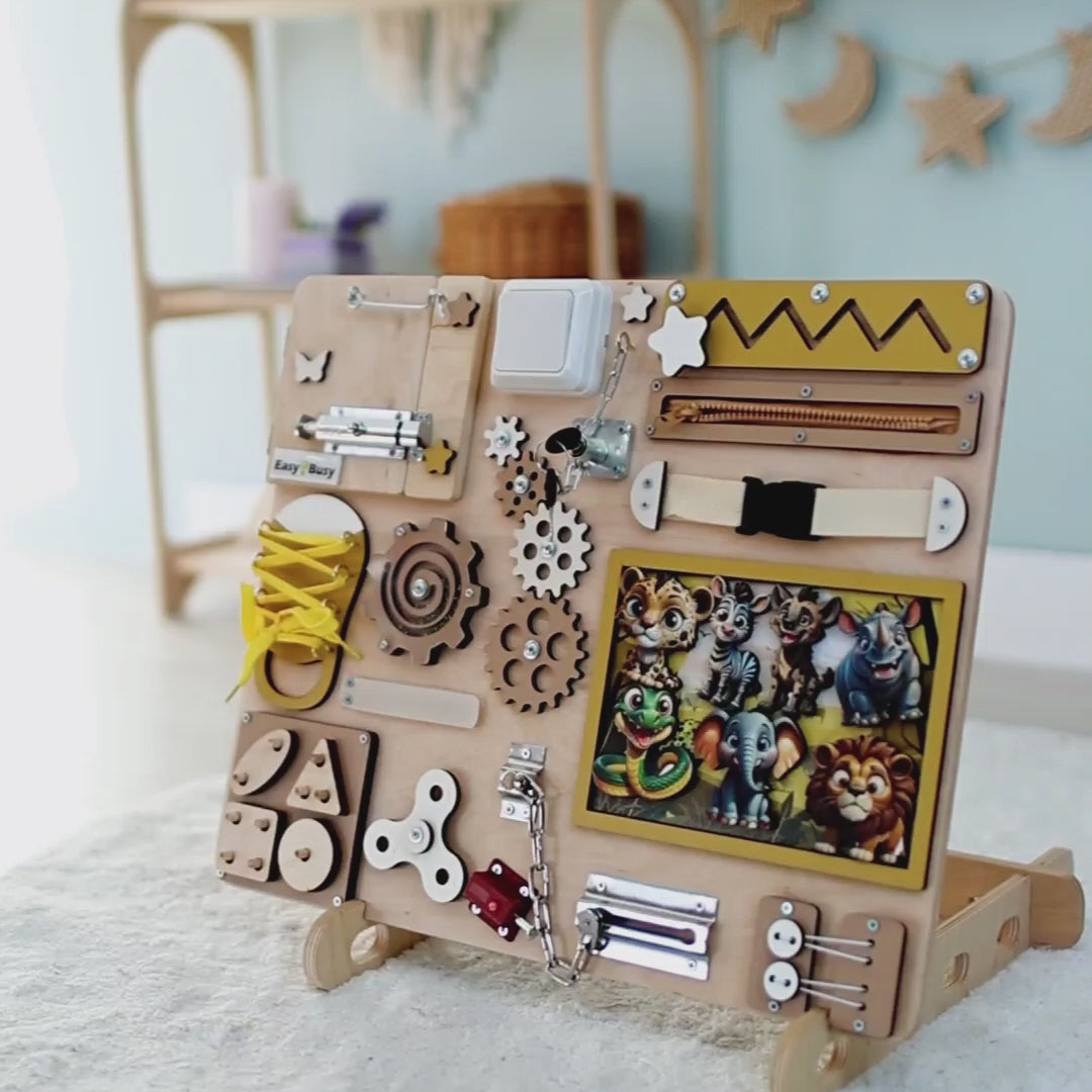 Safari adventure-themed busy board with an oversized play area