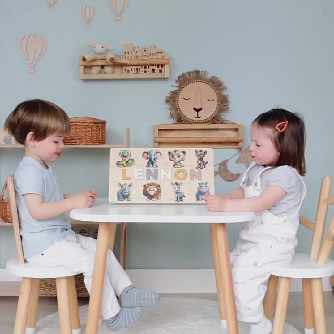 Load video: Jungle adventure puzzle with engraved safari animals