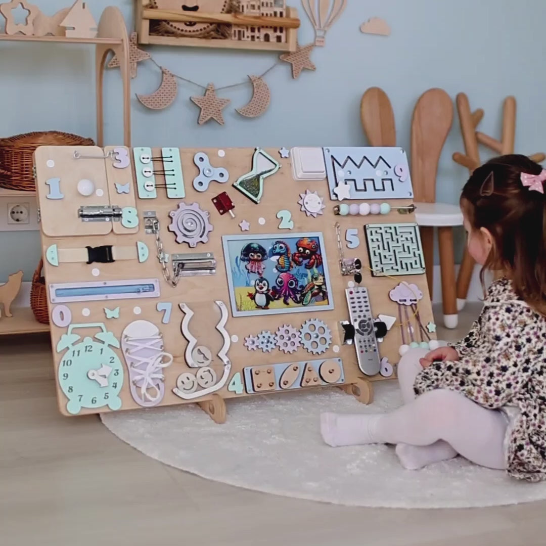 Extra-large wooden Montessori busy board with magnetic sea animals for sensory play