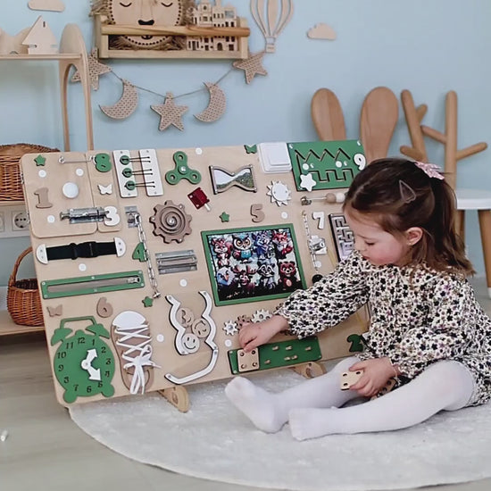 Montessori sensory board with interactive forest animals for toddlers