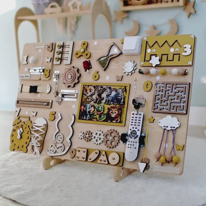 Montessori sensory board with interactive jungle animals for toddlers