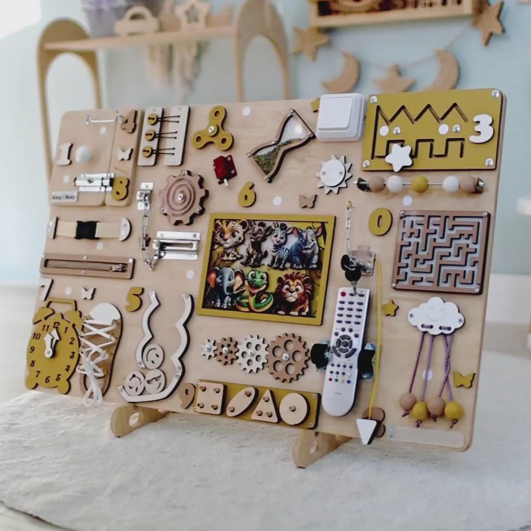 Montessori sensory board with interactive jungle animals for toddlers
