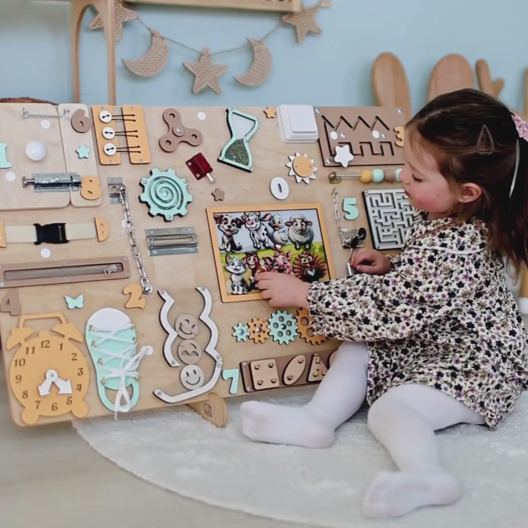 Engaging farm-themed busy board with an oversized play area
