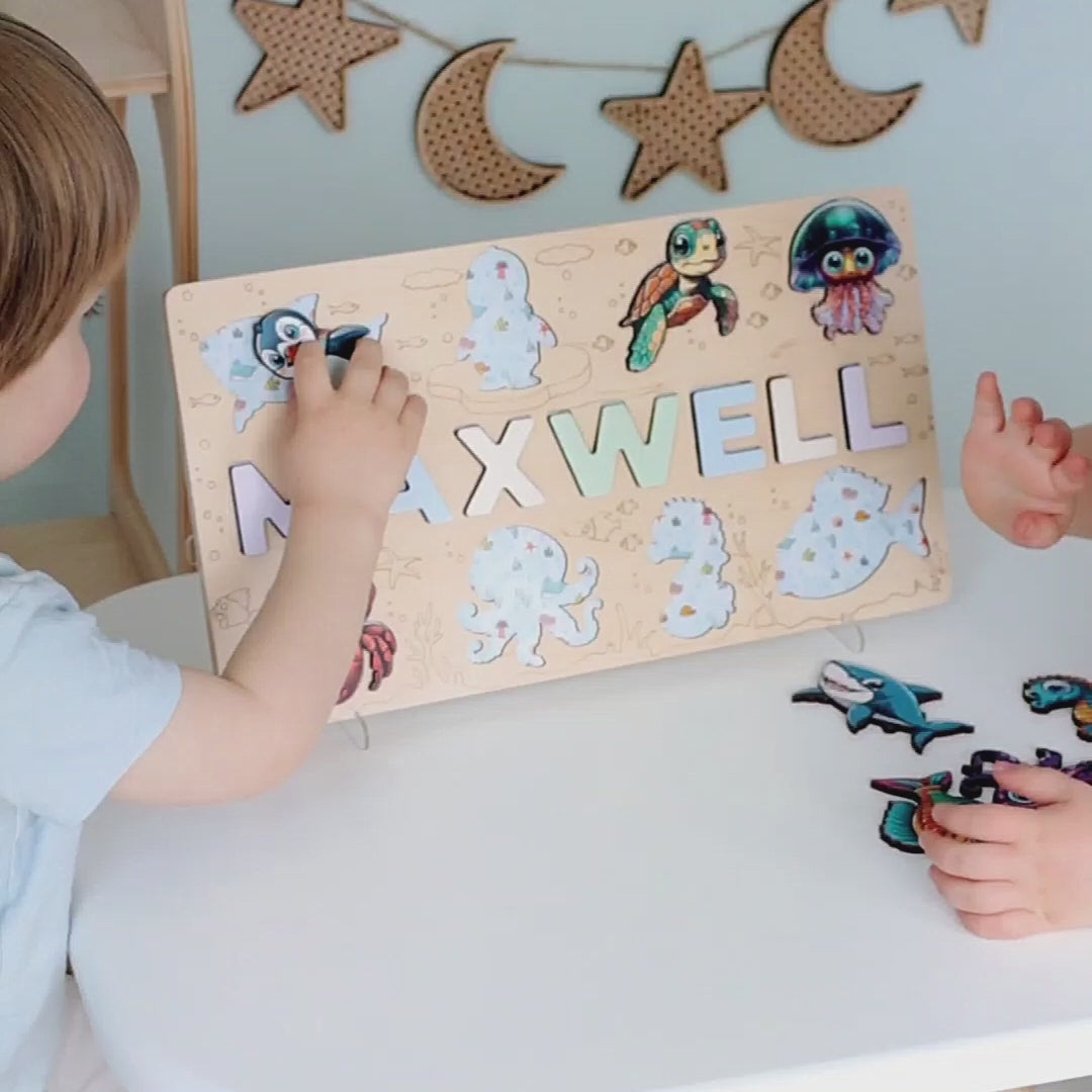 Toddler toy with fish, seahorse, and turtle magnets